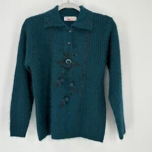 Dong Myung Sweater Womens Medium Teal Blue Angora‎ Embroidered Grandpacore